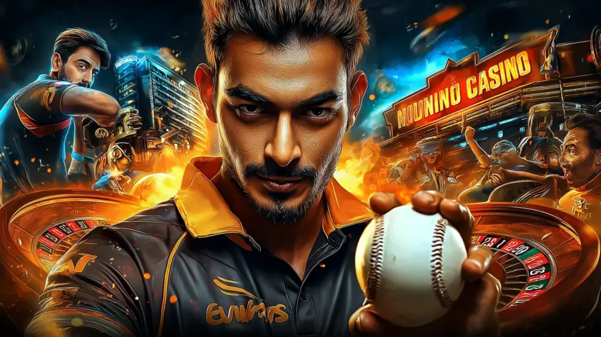 একজন তীব্র মনোভাবের ক্রিকেট খেলোয়াড় একটি ক্রিকেট বল ধরে থাকেন, একটি সংমিশ্রিত ছবিতে খেলার স্টেডিয়াম ও pbc গেমিং প্ল্যাটফর্মের উজ্জ্বল নিওন-আলোর পরিবেশ একত্রিত হয়েছে।
