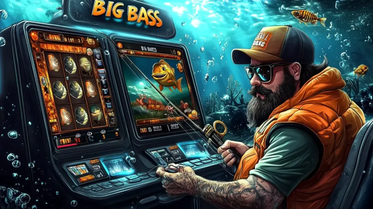 pbc এ সানগ্লাস পরা দাড়িওয়ালা এক জেলে Big Bass নামের মাছ-থিমা গেমটি খেলছেন। মেশিনটির স্ক্রিনে জলের নীচে থিমটি দেখা যাচ্ছে।