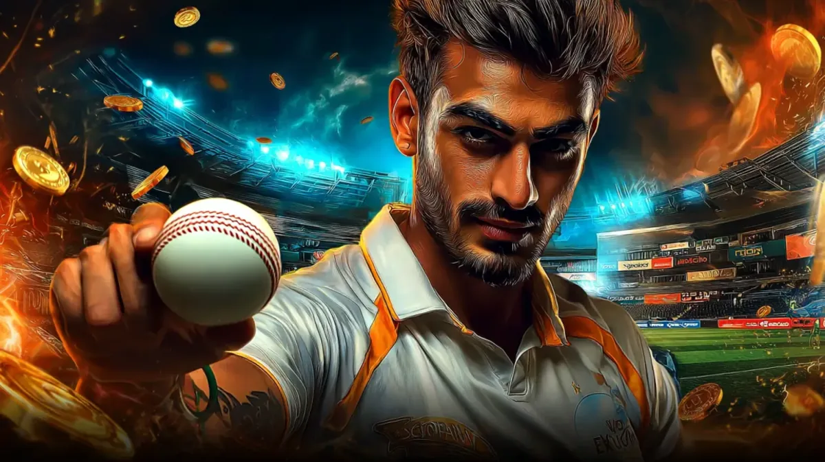 একজন মনোযোগী ও তীব্র পুরুষ ক্রিকেটার ভিড়ভরা স্টেডিয়ামে একটি ক্রিকেট বল উঁচু করে ধরেছেন, pbc‑এ ক্রিকেট গেমিংয়ের উত্তেজনাপূর্ণ জগত প্রচার করছেন। স্বর্ণের কয়েন ও আগুন-প্রভাব নাটকীয়তা বাড়ায়।